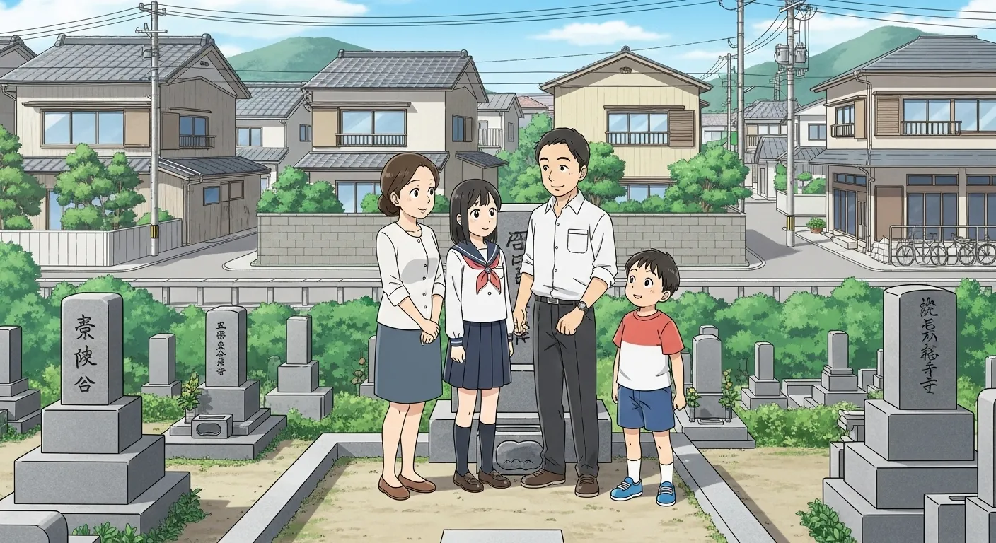 兵庫県東播磨・加古川・明石エリアのお墓参り風景｜住宅地近くの墓地で家族が集うイラスト