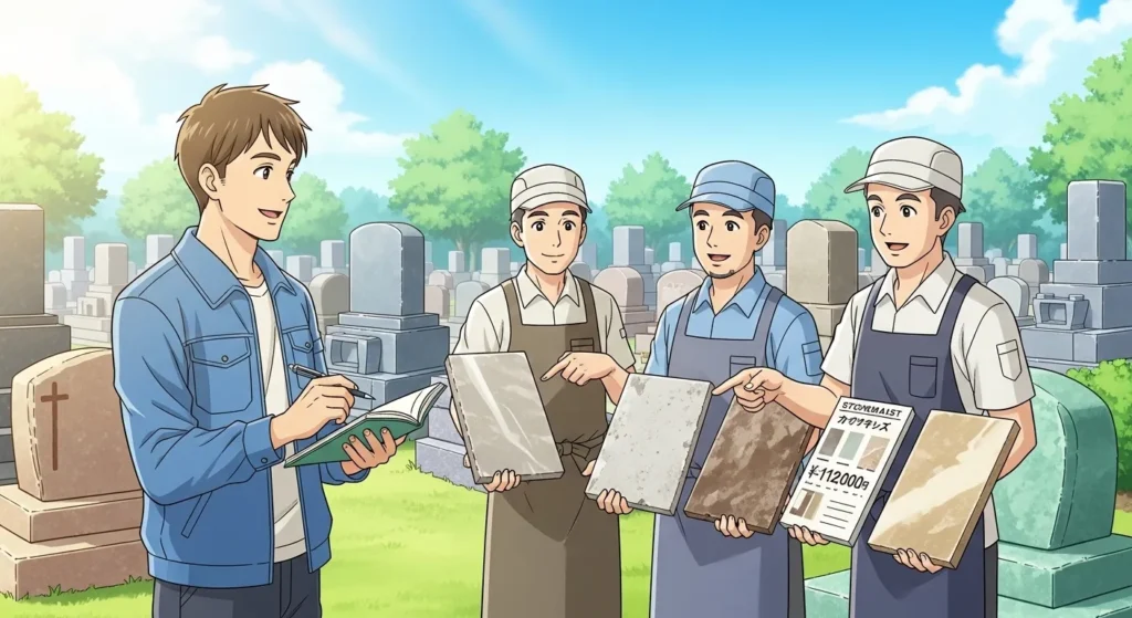 大阪で墓じまい費用を比較しながら石材店を選ぶ様子