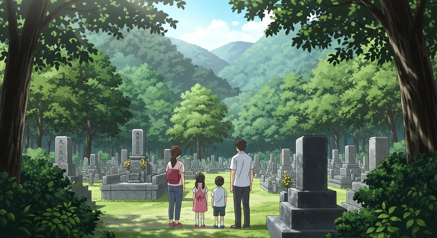 丹波・北摂の自然に囲まれた墓地でお参りする家族のアニメイラスト｜丹波市・三田市の墓石店イメージ