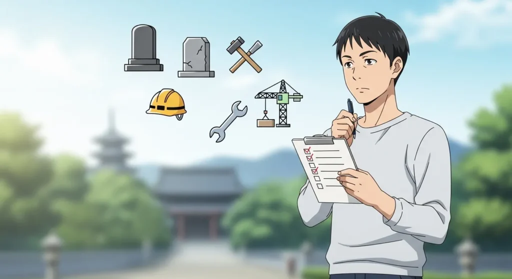 大阪で墓石を建てる全体の流れをチェックリストで確認するイメージイラスト