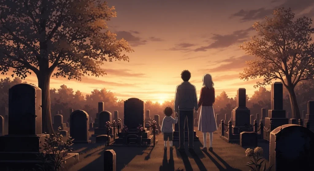 大阪の霊園で将来の墓石費用を考える家族の後ろ姿