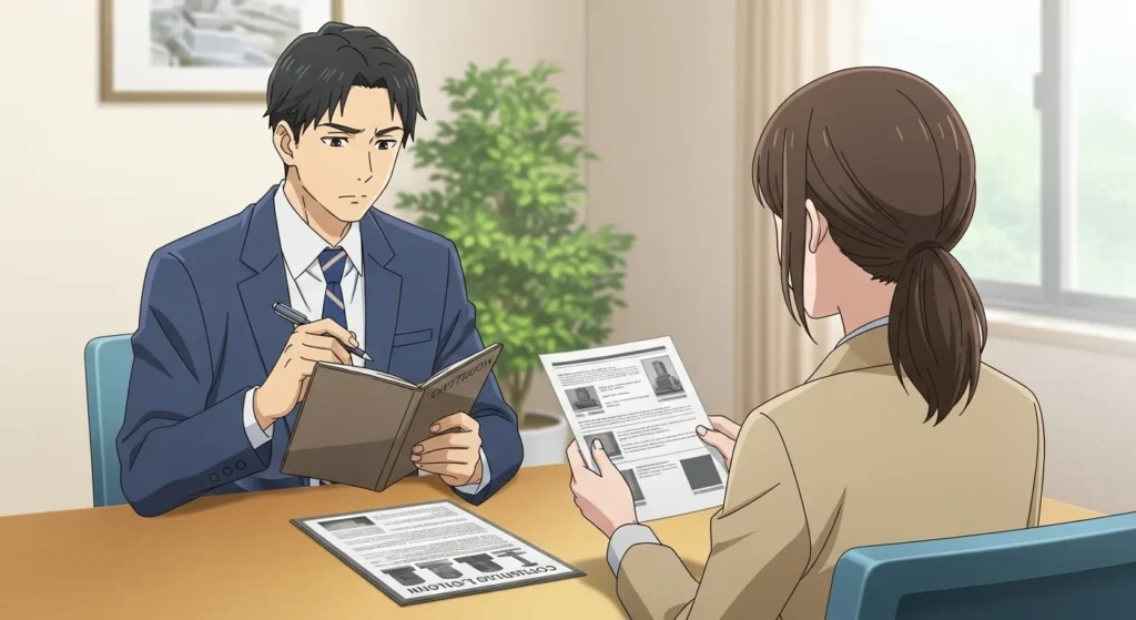 大阪市で石材店スタッフと墓石について相談する夫婦のイメージイラスト