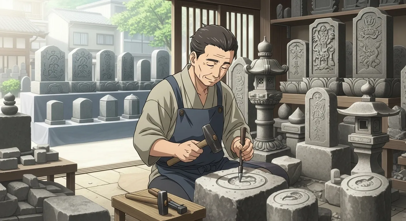 松江・出雲エリアの石材店で墓石の展示と職人作業を行っている様子