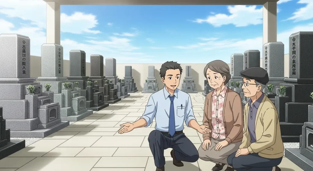 岡山市の石材店展示場で墓石を案内する様子｜岡山県岡山市の墓石・石材店イメージ