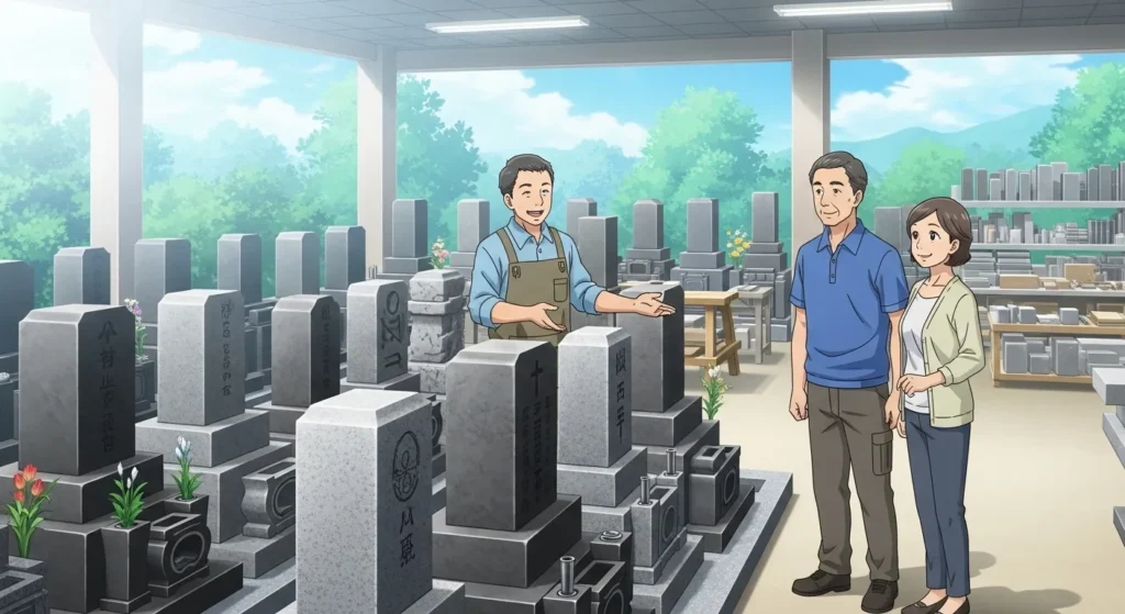 備前市の石材店展示場と相談風景｜岡山県県東部・備前エリアの墓石店イメージ