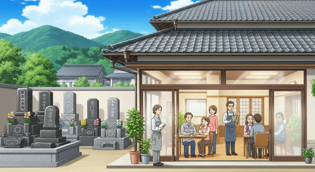 総社市の墓地で石材店スタッフが墓石を案内する様子｜岡山県県中部エリアの石材店イメージ