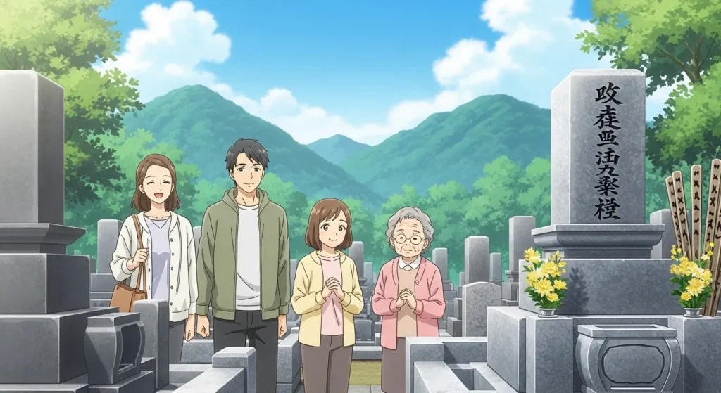 広島県の墓地で家族がお墓参りをしている様子｜墓石選びのまとめイメージ