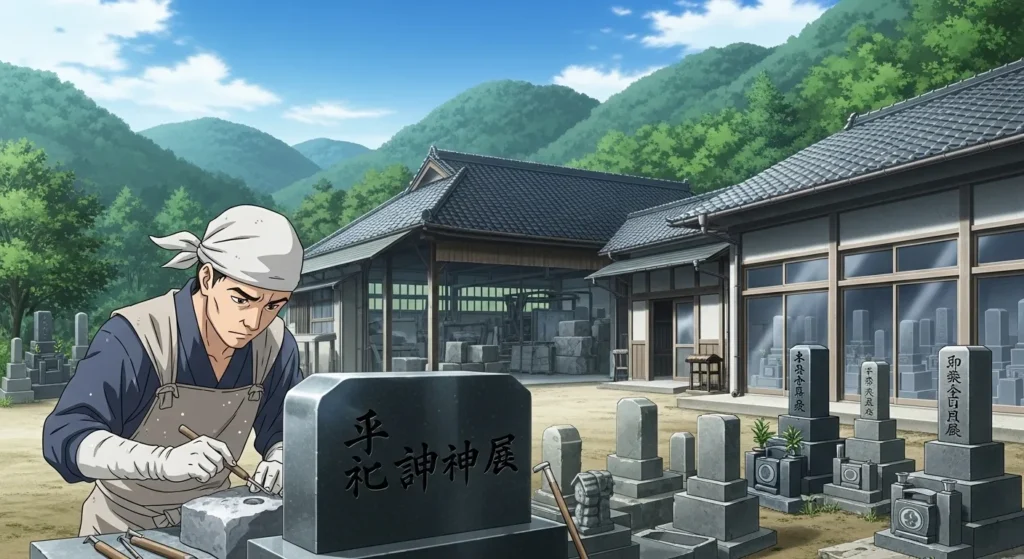 津山市の石材店で墓石を加工する職人｜岡山県県北エリアの墓石・石材店イメージ