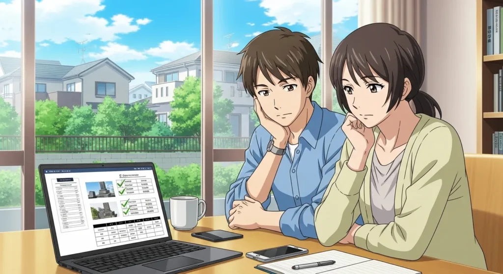 岡山県で墓石の一括見積もりを比較検討する夫婦のイメージイラスト