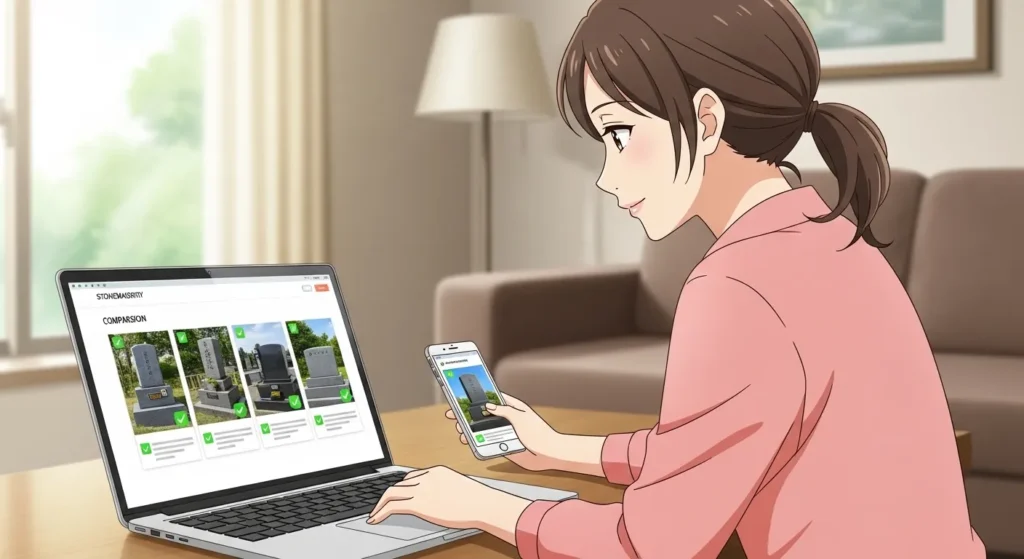 広島県で墓石を比較する女性｜石材店の一括見積もりサイトのイメージ