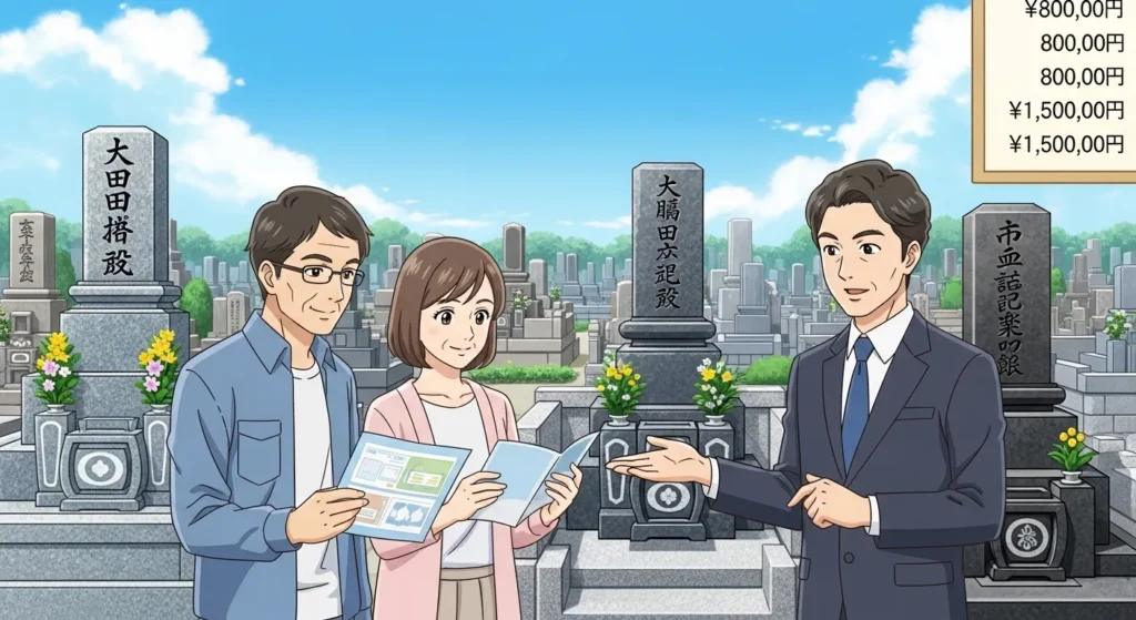 広島県の墓石価格相場を説明する石材店スタッフと夫婦のイメージ