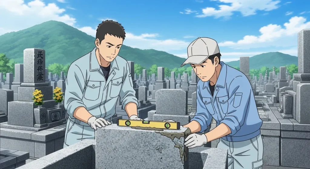 倉敷市の墓地で墓石の据え付け作業を行う石材店の男性職人2人｜岡山県県南西部エリア